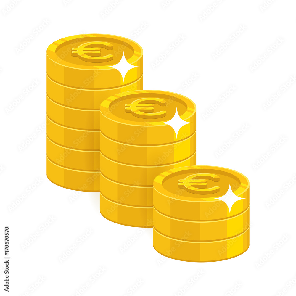 Gold euro coins. Having a lot of money and possessions symbol. Business finance and economy concept. Cartoon vector illustration isolated on white background Gold euro coins. Having a lot of money and possessions symbol. Business finance and economy concept. Cartoon vector illustration isolated on white background