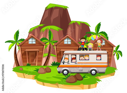 Children riding on camper van