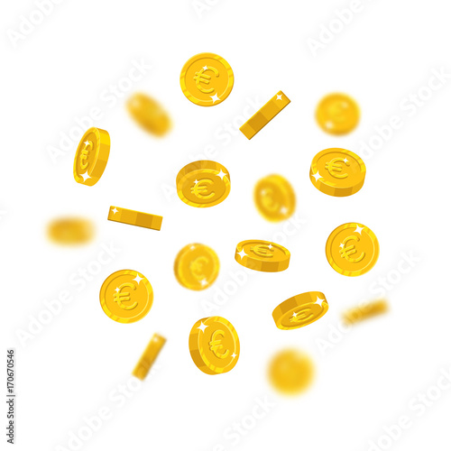 Gold euro flying cartoon isolated. Gold euro with the effect flying in the air in a cartoon style for designers and illustrators. Floating pieces in the form of vector illustrations