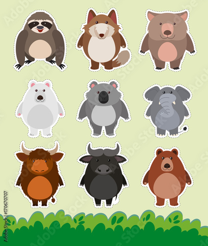 Sticker design with cute animals on grass