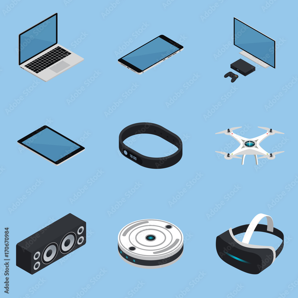Isometric set of mobile wireless devices with vr glasses, robot vacuum  cleaner, drone, fitness bracelet. Stock Vector | Adobe Stock