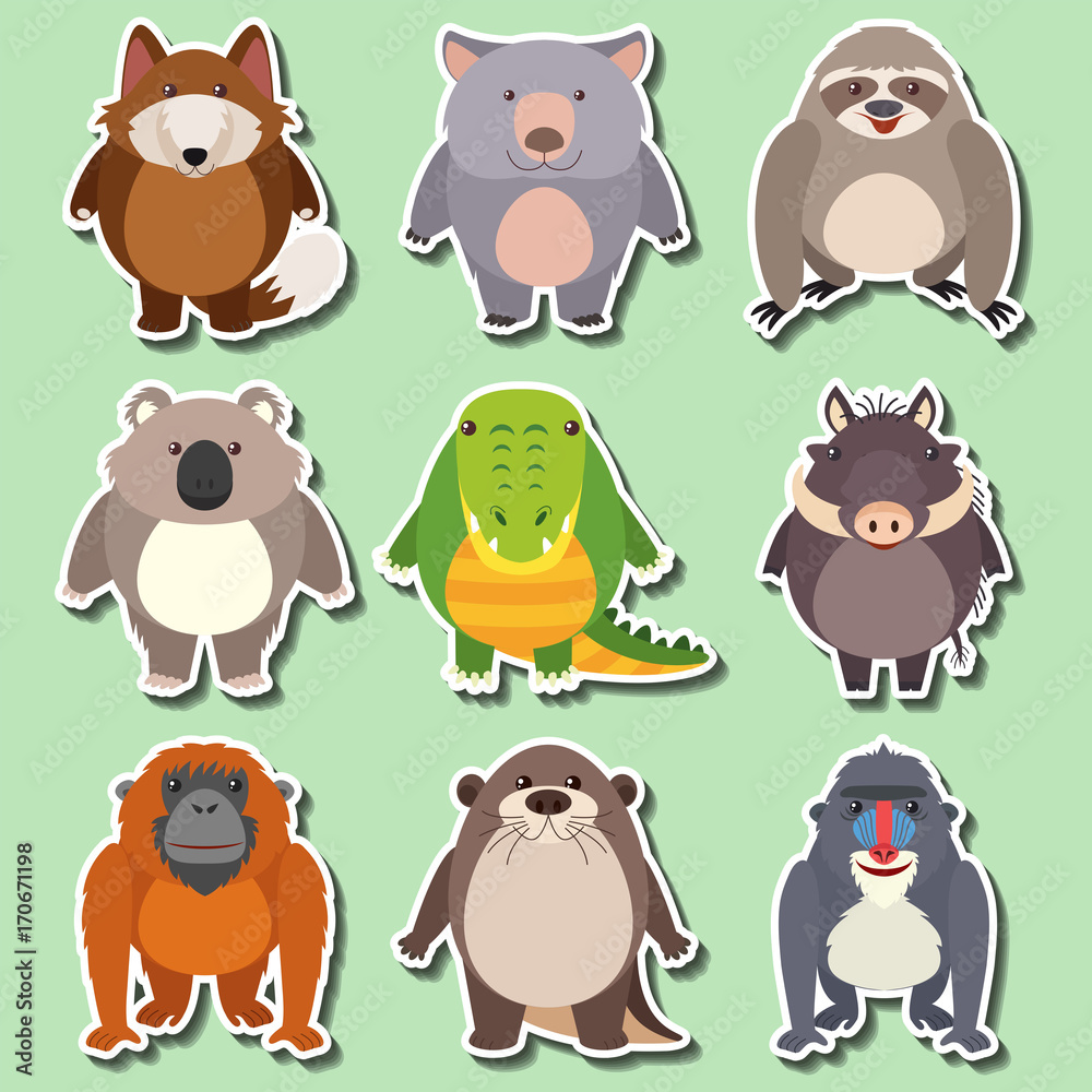 Fototapeta premium Sticker design for wild animals on green background