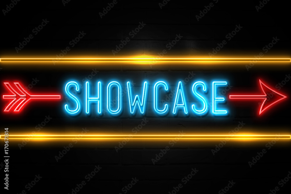 Obraz premium Showcase - fluorescent Neon Sign on brickwall Front view