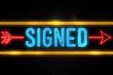 Signed  - fluorescent Neon Sign on brickwall Front view