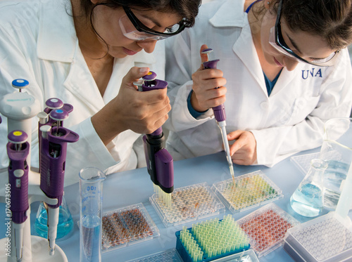 two young scientists preparing samples for further lab analysis photo