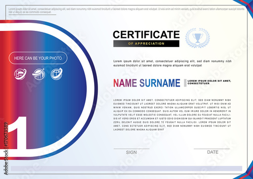 White certificate with colorful design elements. Black, red violet colors. First place, Luxury premium background 