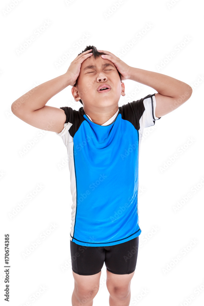 Asian young cyclist have a headache. Isolated on white background. Asian young cyclist have a headache. Isolated on white background.