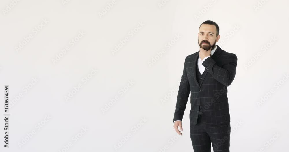 A bearded businessman poses for a portrait on a white background. Hipster man looking at camera portrait smiling A bearded businessman poses for a portrait on a white background. Hipster man looking at camera portrait smiling