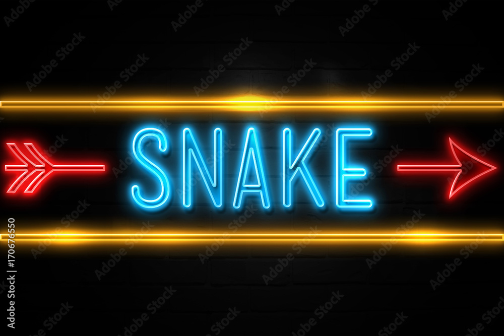 Snake - fluorescent Neon Sign on brickwall Front view Snake - fluorescent Neon Sign on brickwall Front view