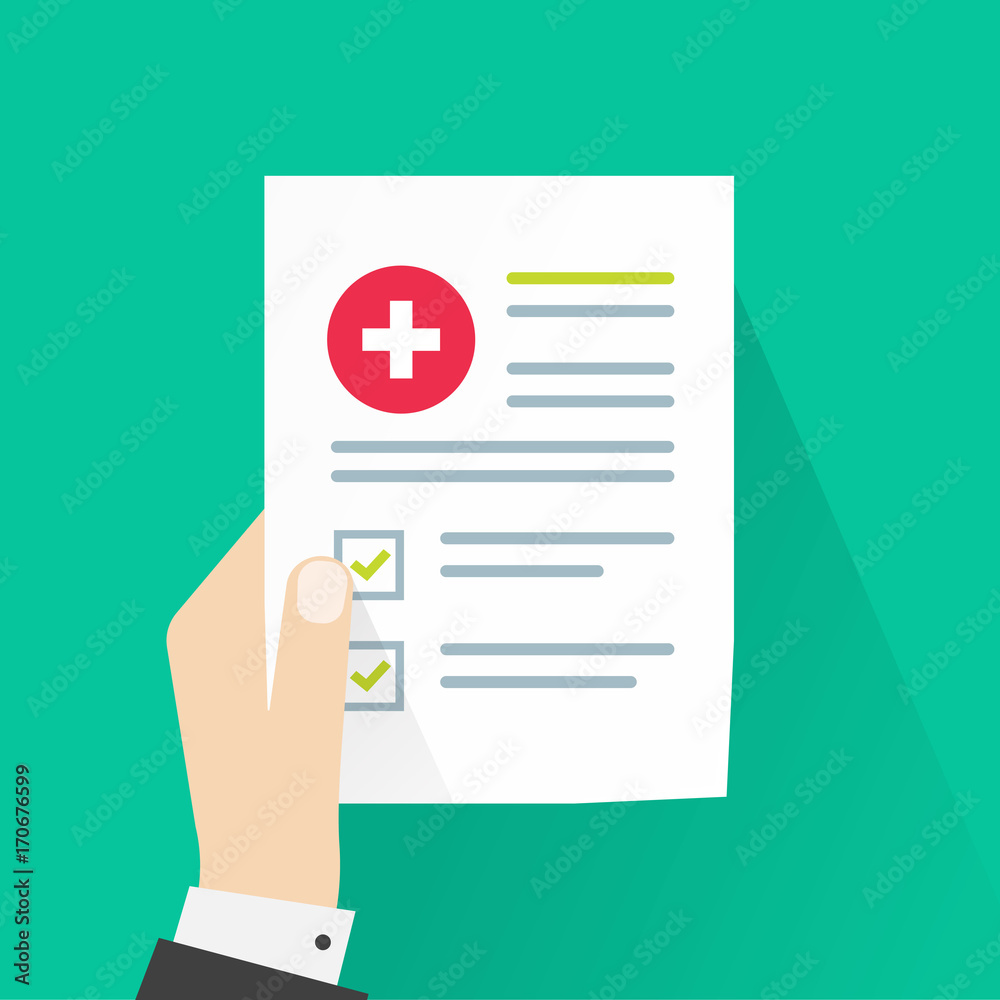 Medical results vector illustration, flat cartoon paper document with health check analysis and good result, patient hand holding medical record information Medical results vector illustration, flat cartoon paper document with health check analysis and good result, patient hand holding medical record information