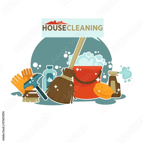 House cleaning service promotional emblem isolated cartoon illustration