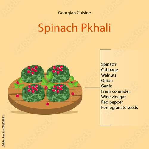 Popular Georgian dish made with spinach and walnuts. Vector illustration 