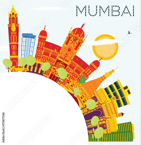Mumbai India Skyline with Color Buildings, Blue Sky and Copy Space.