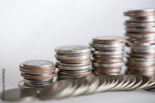 close up of rows coins for finance and banking concept