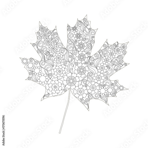 Monochrome doodle maple leaf for coloring book, antistress stock vector illustration