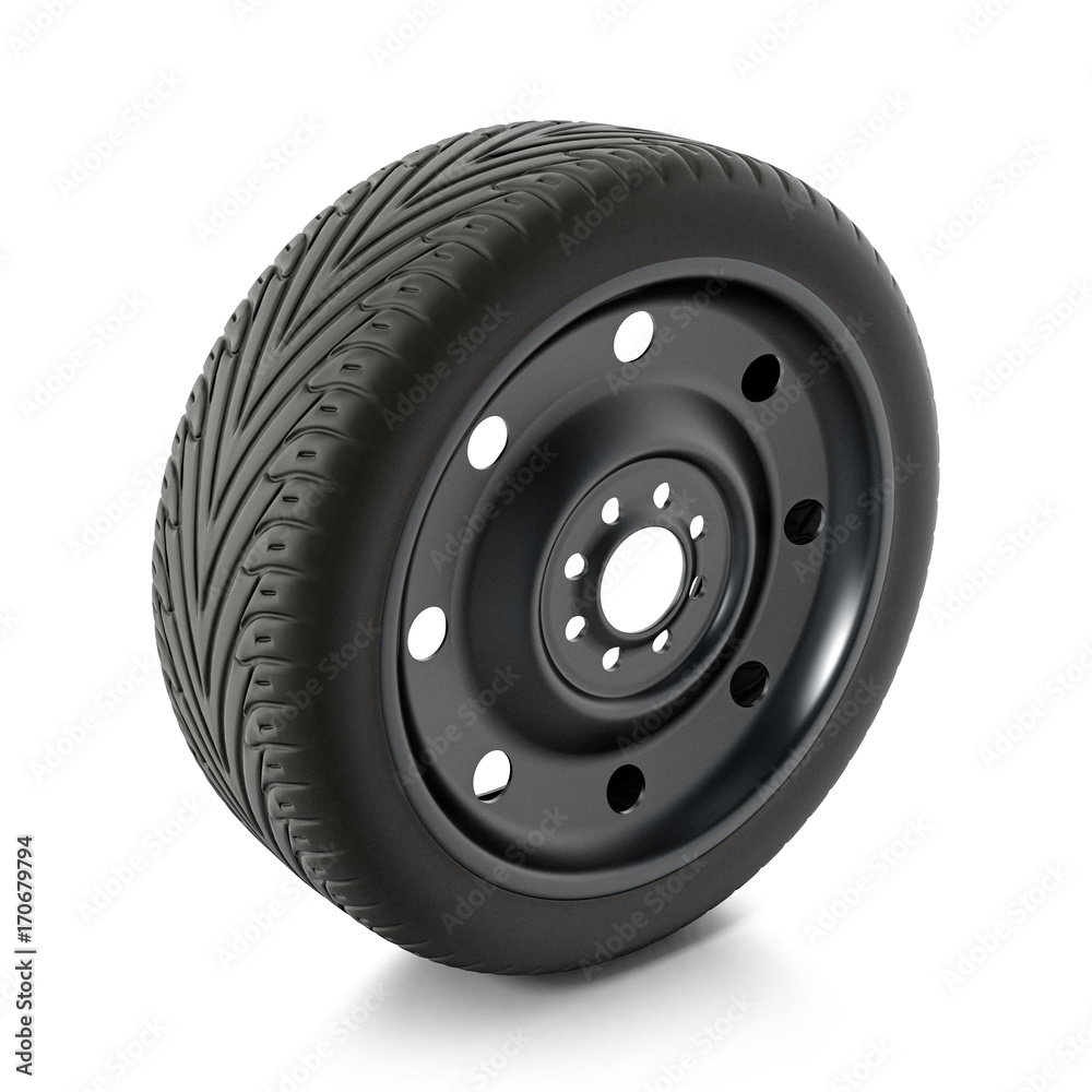 Spare car tyre isolated on white background. 3D illustration