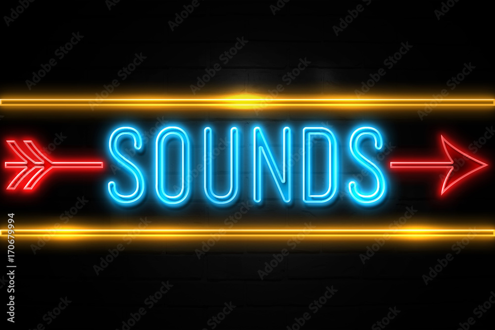 Sounds  - fluorescent Neon Sign on brickwall Front view