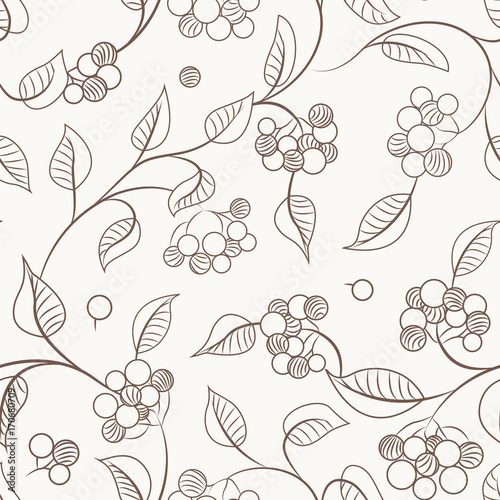 Autumn berries on shrub branch with leaves. Seamless pattern texture. Brown outline on beige background. Guelder rose kalyna bush. Vector design illustration.