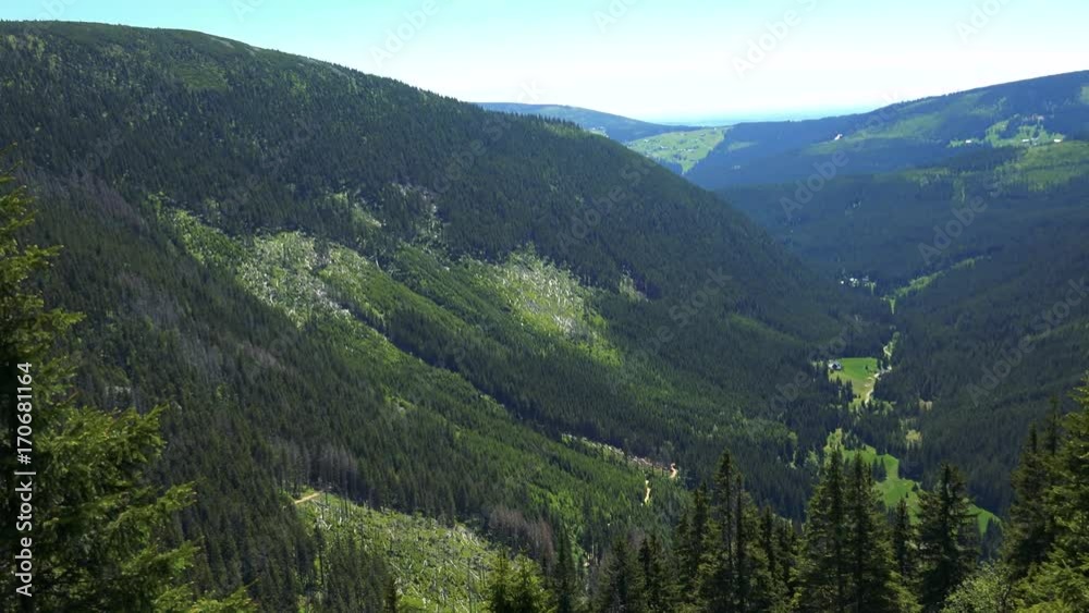 Valley between hills with forests - sunny summer day - top view Valley between hills with forests - sunny summer day - top view