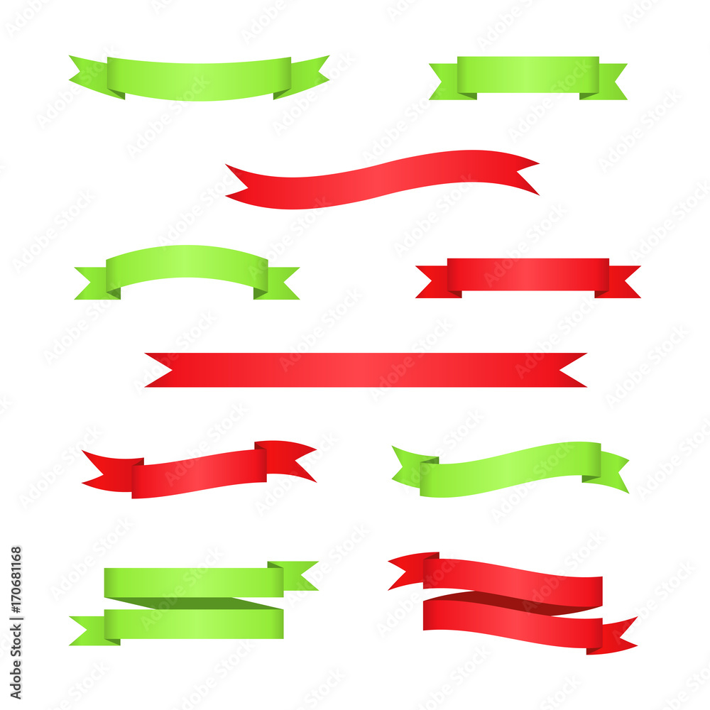Set of red and green ribbon banners. Vector illustration.
