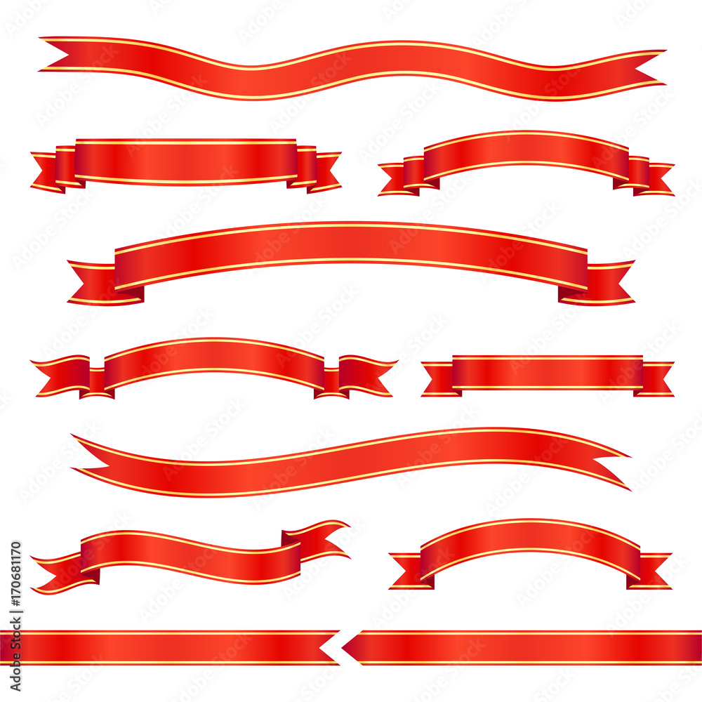 Set of red ribbon banners. Vector illustration.