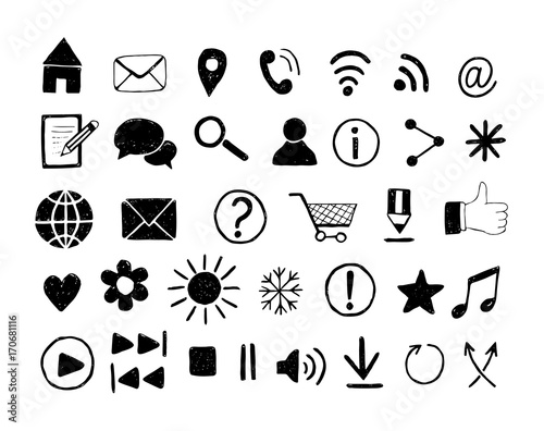 Hand drawn icons for web site and print templates. Media, communication, business and music icons. Vector illustration.