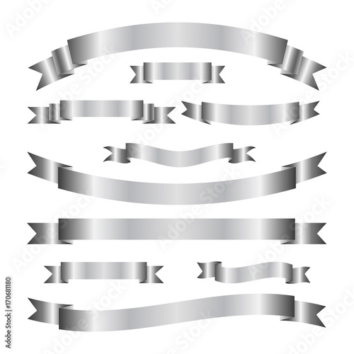Set of elegant silver ribbon banners. Scroll tapes. Vector elements.