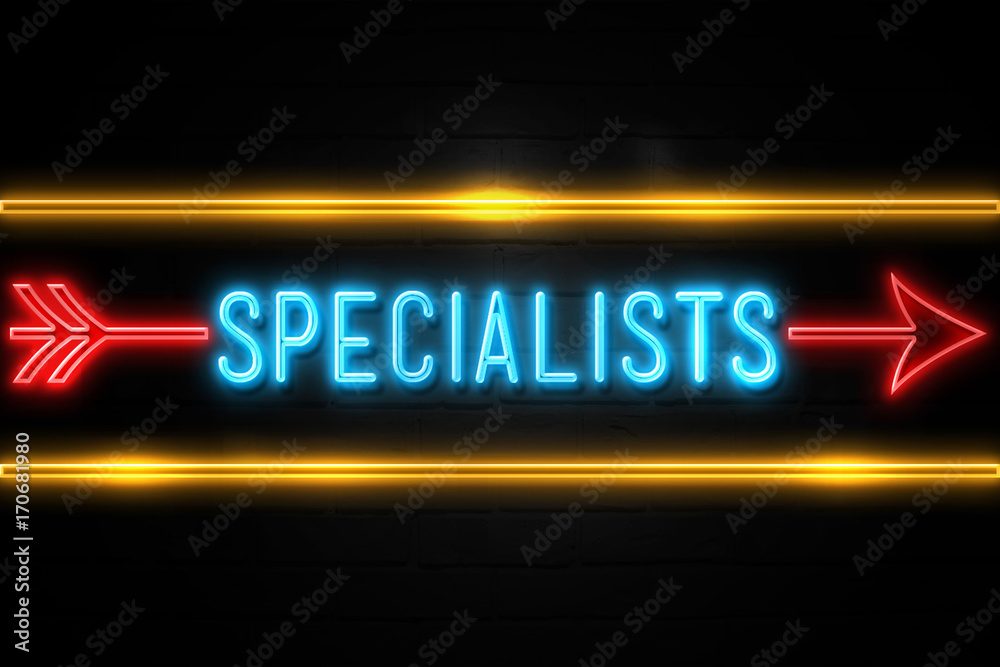 Specialists  - fluorescent Neon Sign on brickwall Front view