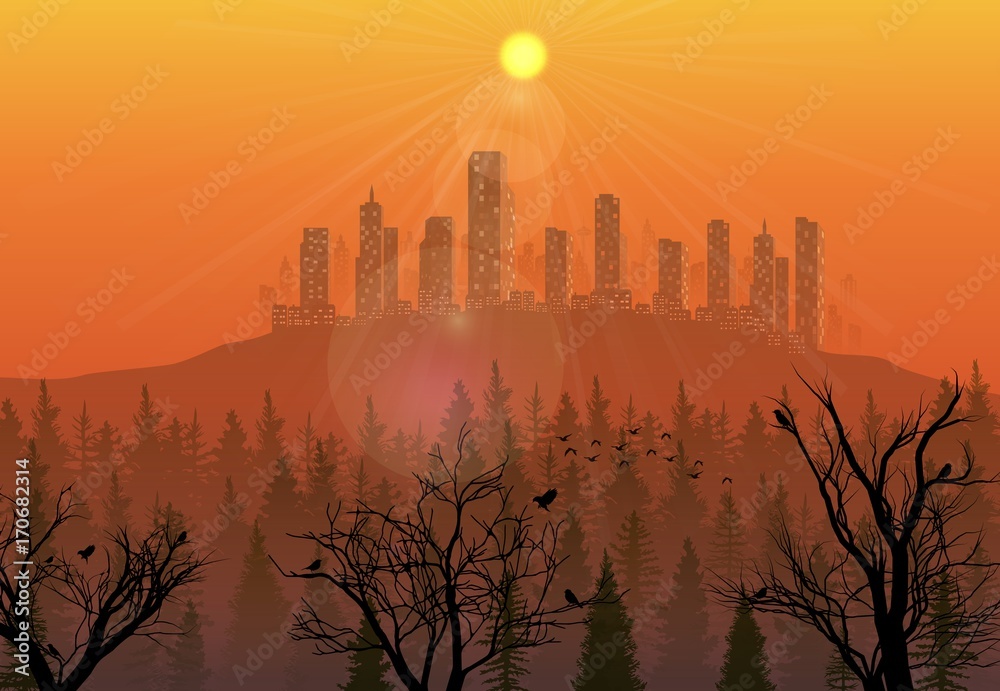 City on the hills at sunset background