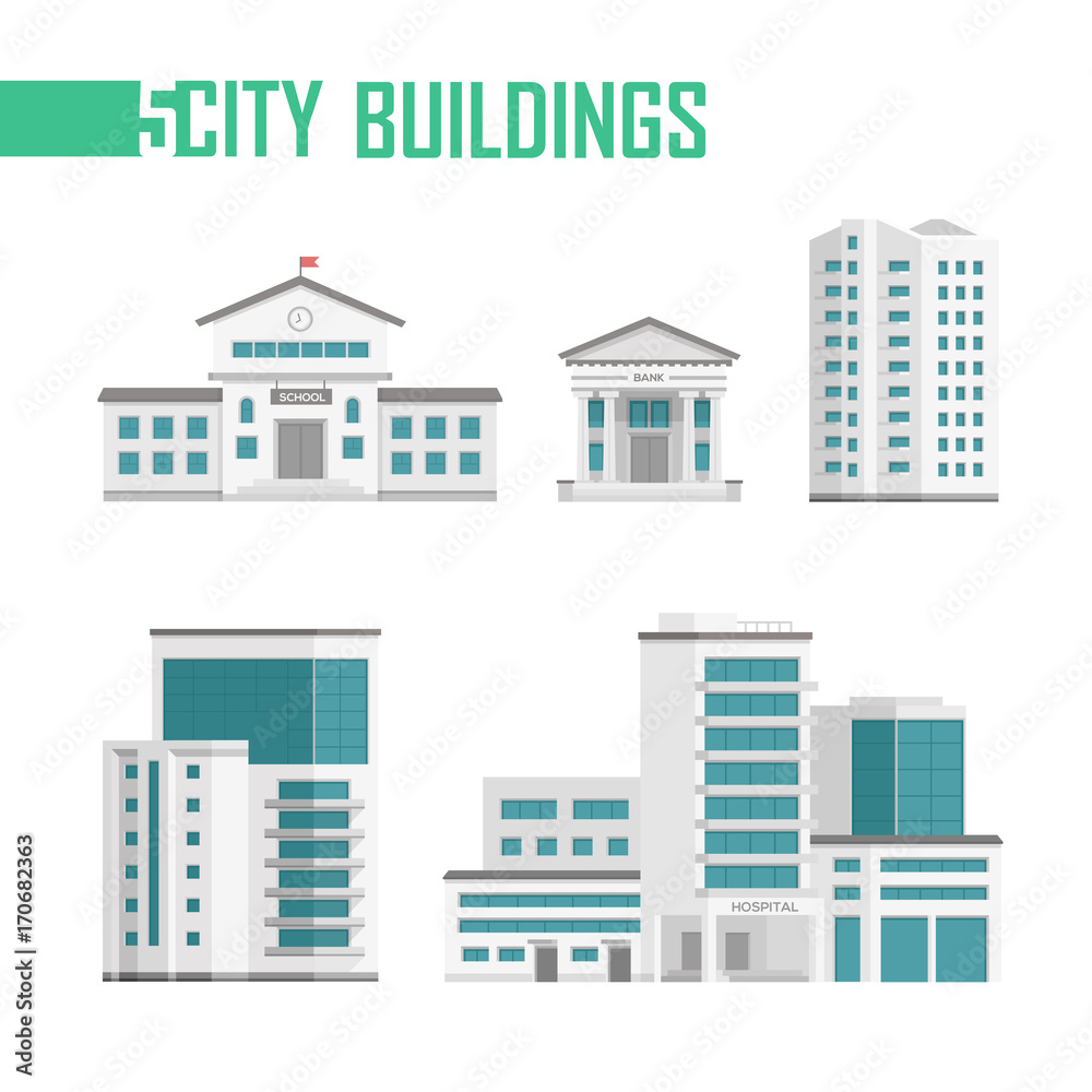 Five city buildings set of icons - vector illustration