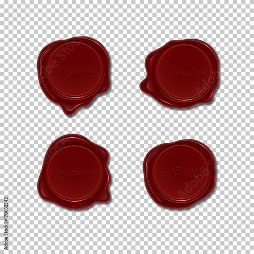 Wax seal set on transparent background. Vector design element. Isolated wax stamps. Organic, natural, vegetarian and No GMO wax stamps.