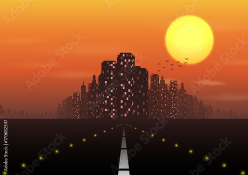 Road to the city at sunset background