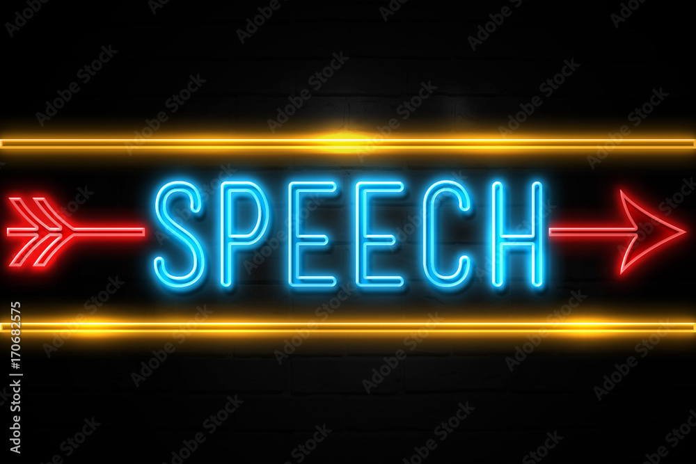 Speech - fluorescent Neon Sign on brickwall Front view Speech - fluorescent Neon Sign on brickwall Front view