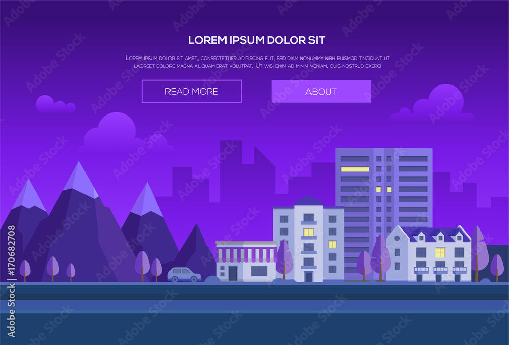 Night city by the mountains - modern vector illustration