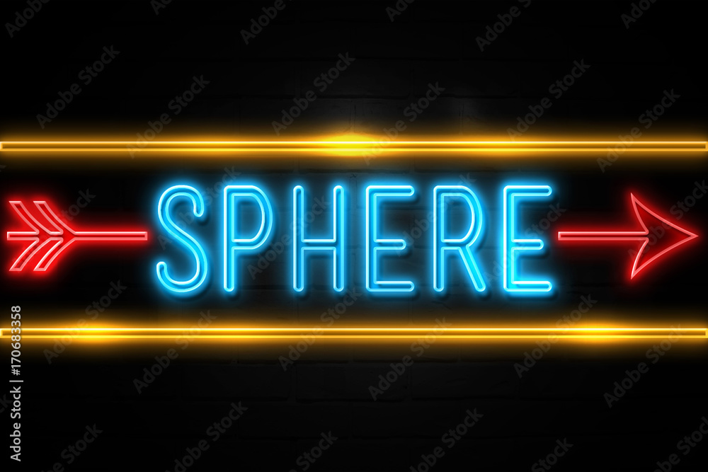 Sphere - fluorescent Neon Sign on brickwall Front view Sphere - fluorescent Neon Sign on brickwall Front view