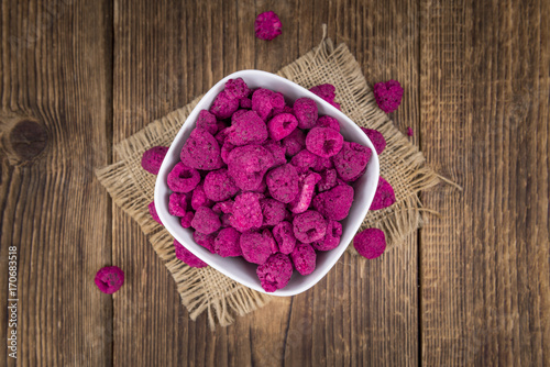 Portion of Raspberries (dried), selective focus