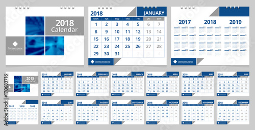 Calendar 2018 template set 12 months,  front cover and back cover. Desk calendar corporate design layout template vector week start on Monday. EPS-10 sample image with Gradient Mesh.