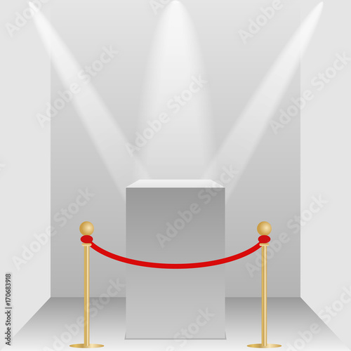 Museum pedestal, white empty 3d podium and spotlights