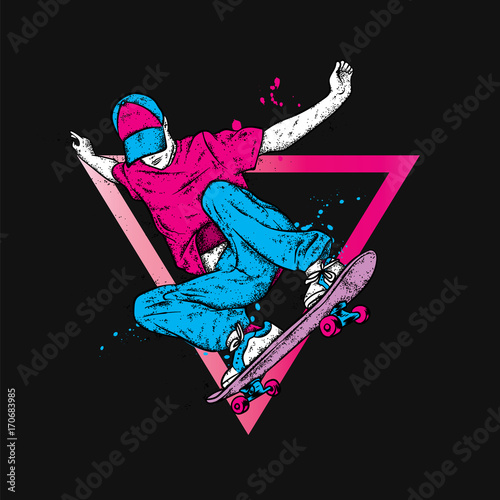 Stylish skater in jeans and sneakers. Skateboard. Vector illustration for a postcard or a poster, print for clothes. Street cultures.