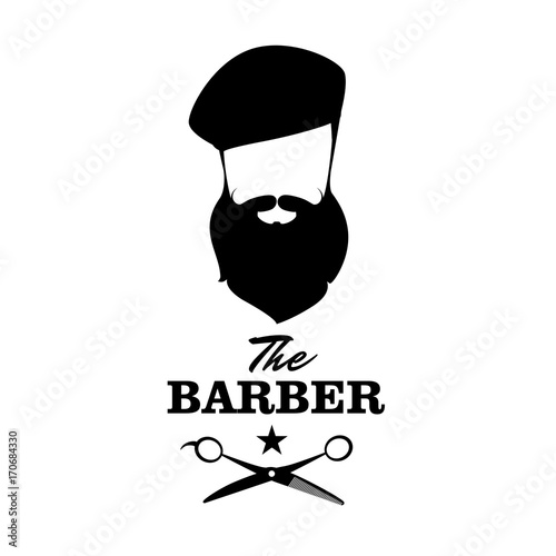 The Barber. Handsome man with beard, beret and mustache. Barber shop symbol.