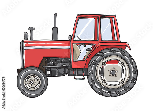 Orange Tractors Antique  Vintage  hand drawn vector art illustration