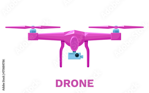 Drone or quadcopter colorful pink icon in flat style, flying gadget with video camera, vector illustration