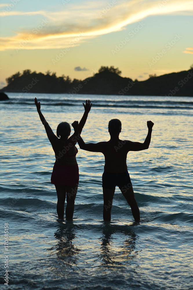 Fototapeta premium Senior couple jumping on seashore