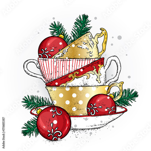 A stack of multi-colored vintage cups with Christmas balls. Vector illustration for a postcard or a poster. Tea, coffee or cappuccino. New Year.