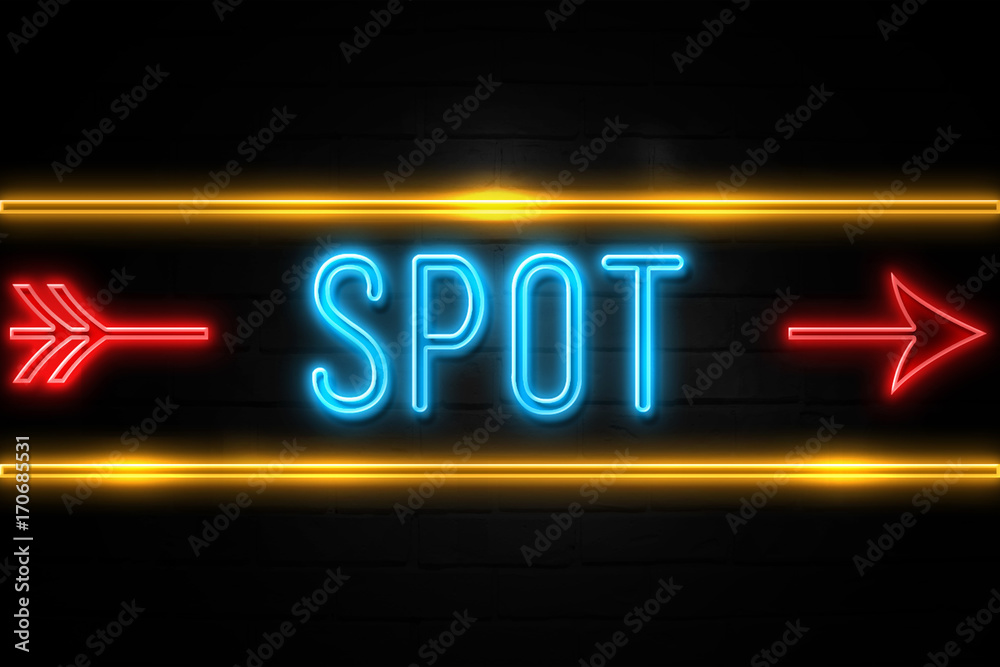 Spot - fluorescent Neon Sign on brickwall Front view Spot - fluorescent Neon Sign on brickwall Front view