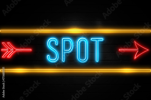 Spot - fluorescent Neon Sign on brickwall Front view