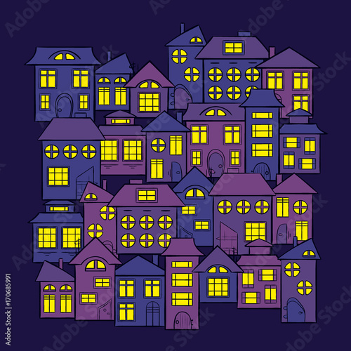 Night city houses - vector print illustration