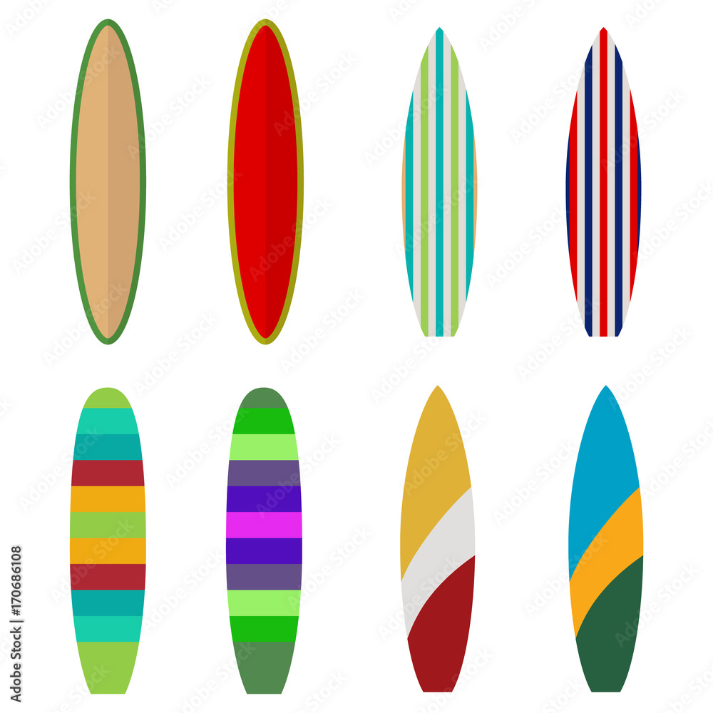 Surfboard, set of colored surfboards, surfer