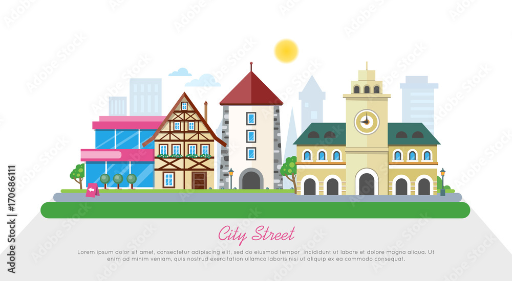 City Street In Sunny Day Flat Vector Banner