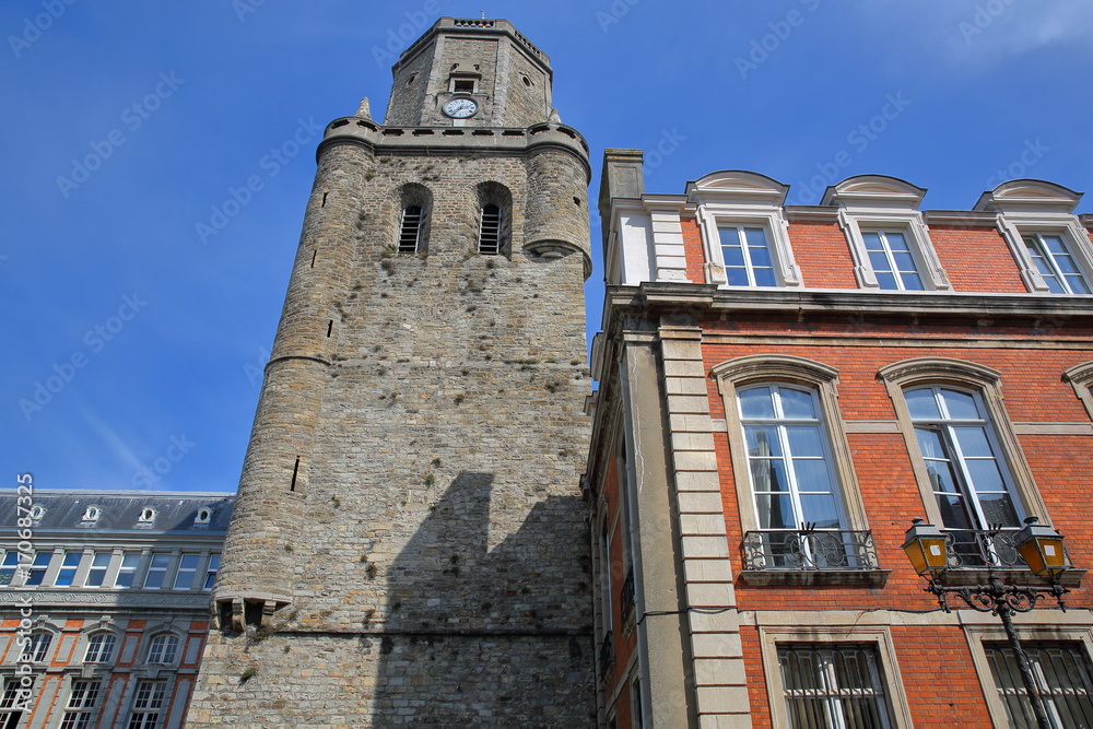 Colorful facades and the Belfry in Boulogne sur Mer, Cote d'Opale, Pas de Calais, Hauts de France 
